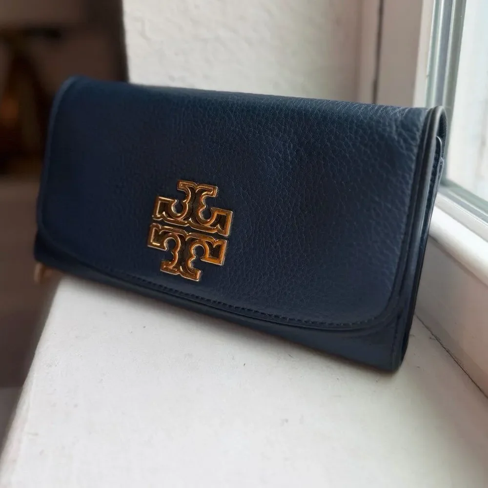 Tory Burch Britten Leather Envelope Wallet in Dark Blue and Gold EUC
